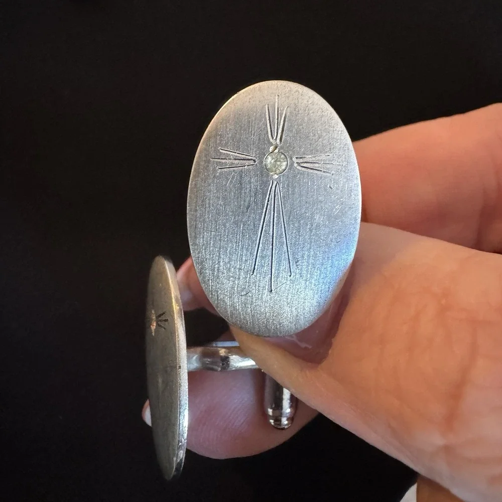 VTG Anson Cufflinks And‎ Tie Tack Sterling Silver And Diamond Cross Oval Shape